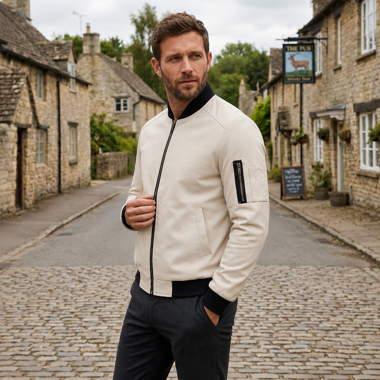Men's bomber jacket size guide flat lay showing fitted cut and proportions in ecru