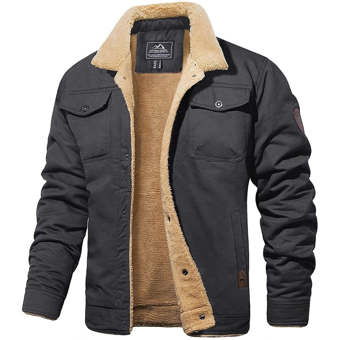 Giacca invernale uomo, foderata in pile, colore nero, con colletto in pelliccia sintetica, tasche frontali, stile casual e caldo.