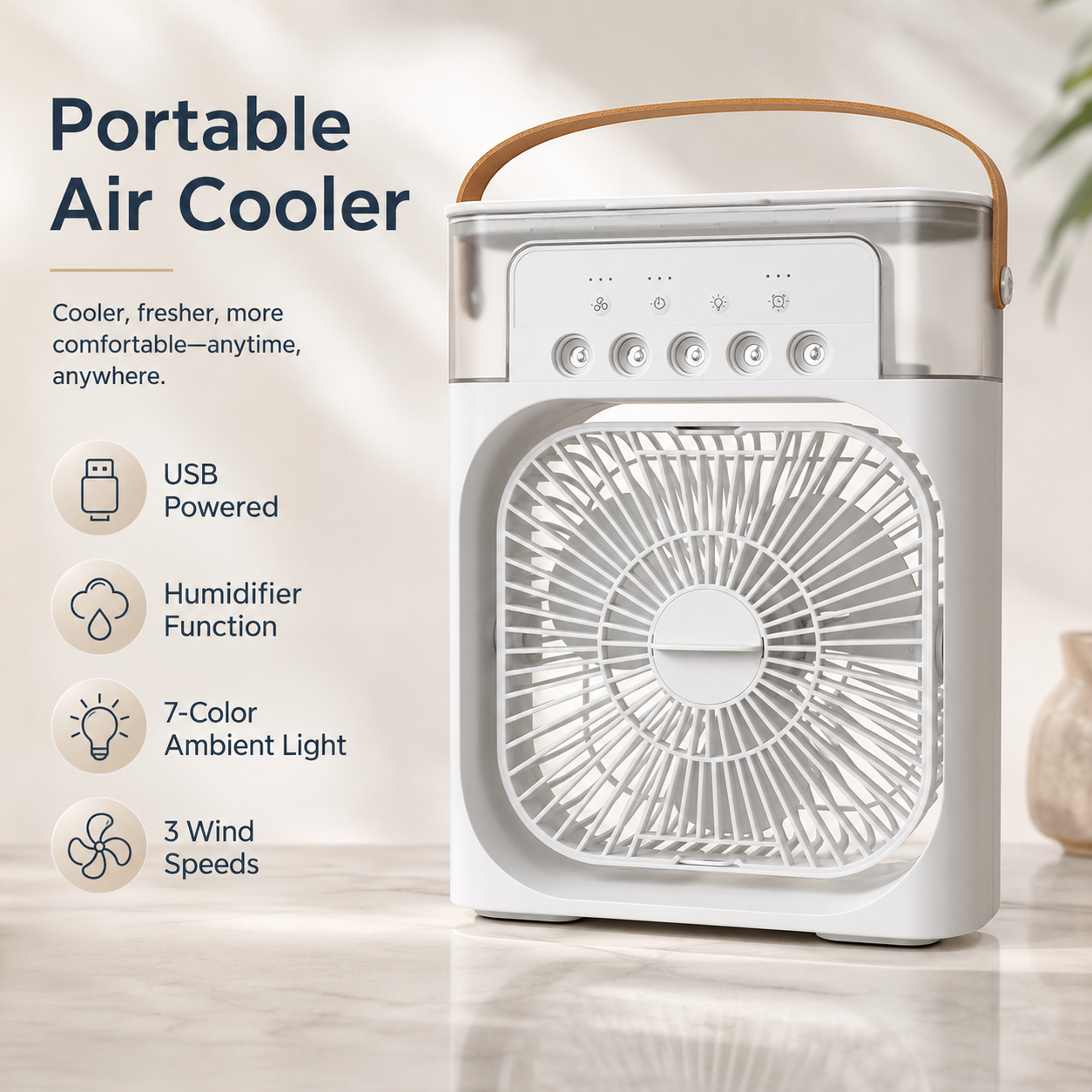 Portable Air Cooler 3-in-1 USB Desktop Fan Humidifier with LED Night Light