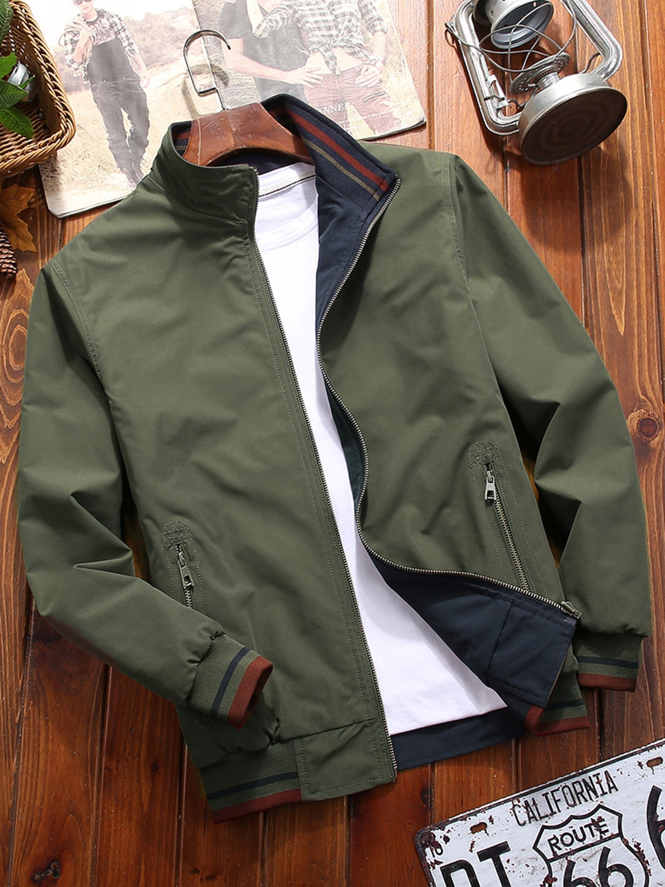 Men's Sports Jacket with High Collar and Reversible Double Side