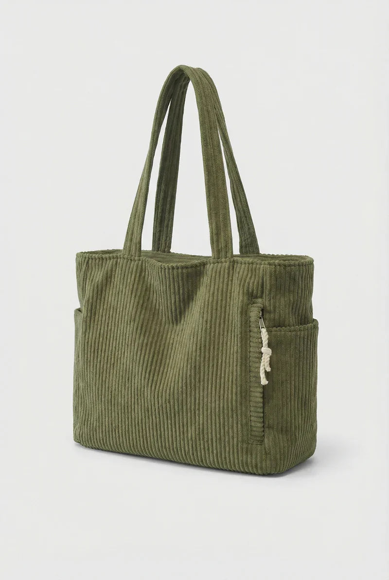Women’s Corduroy Tote Bag Large Capacity with Exterior Pockets