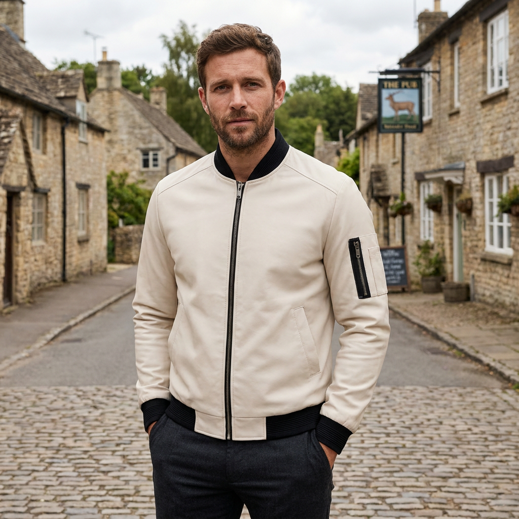 Men's bomber jacket size guide flat lay showing fitted cut and proportions in ecru