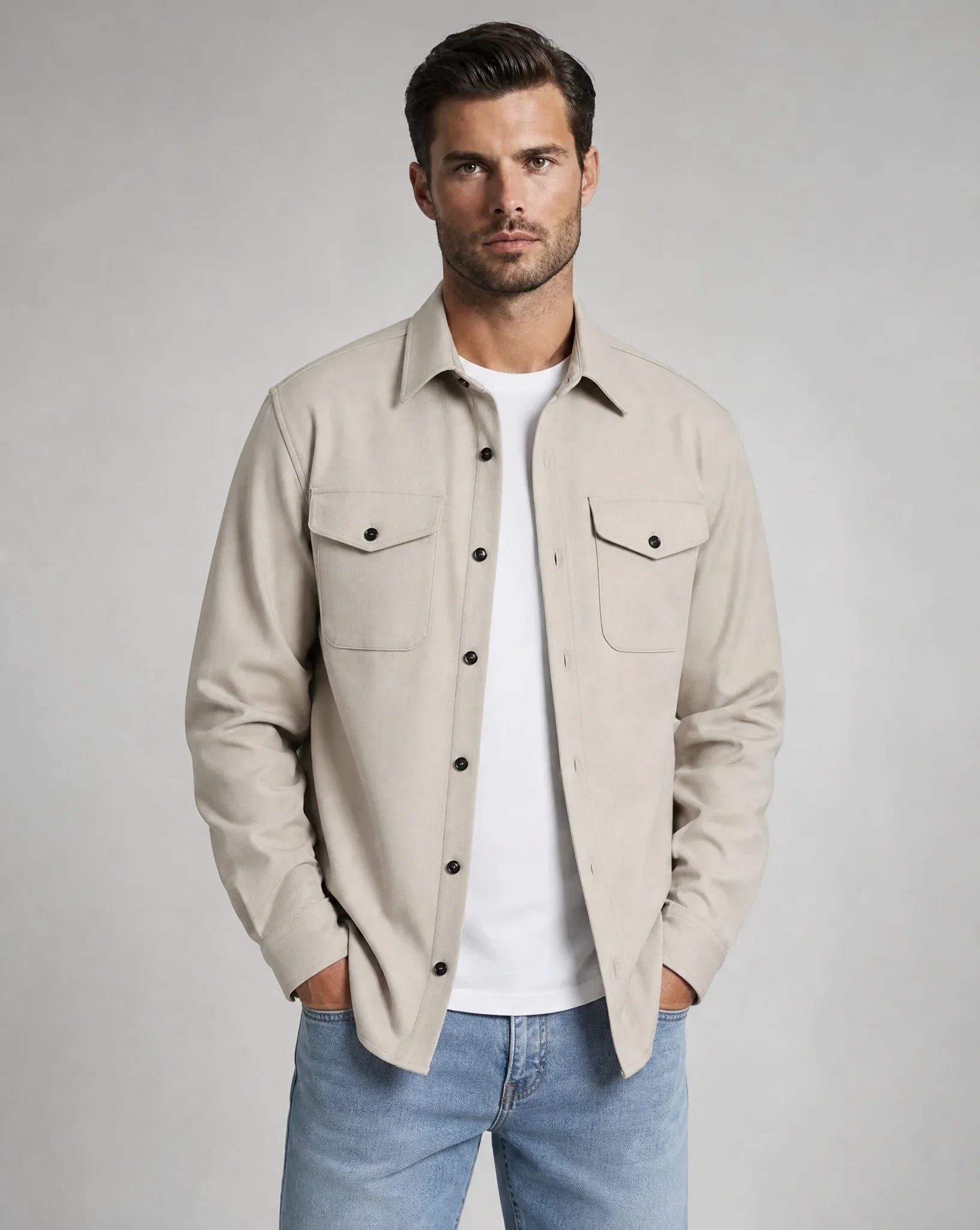 Men's beige overshirt jacket with chest pockets, button front, lightweight fabric and versatile smart-casual styling by ILYNORA