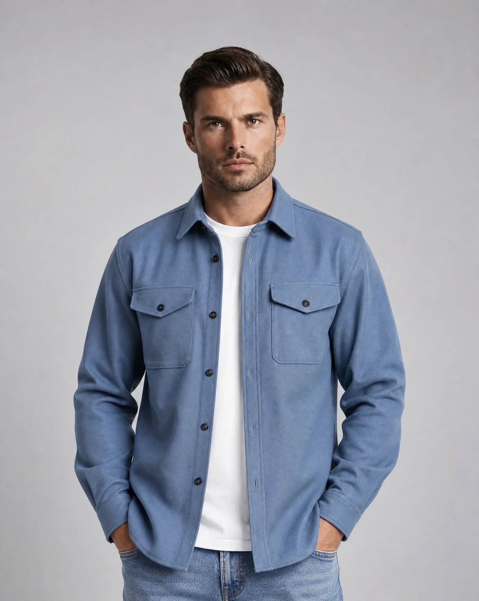 Men's blue overshirt jacket featuring button closure, chest pockets, lightweight construction and relaxed everyday fit by ILYNORA