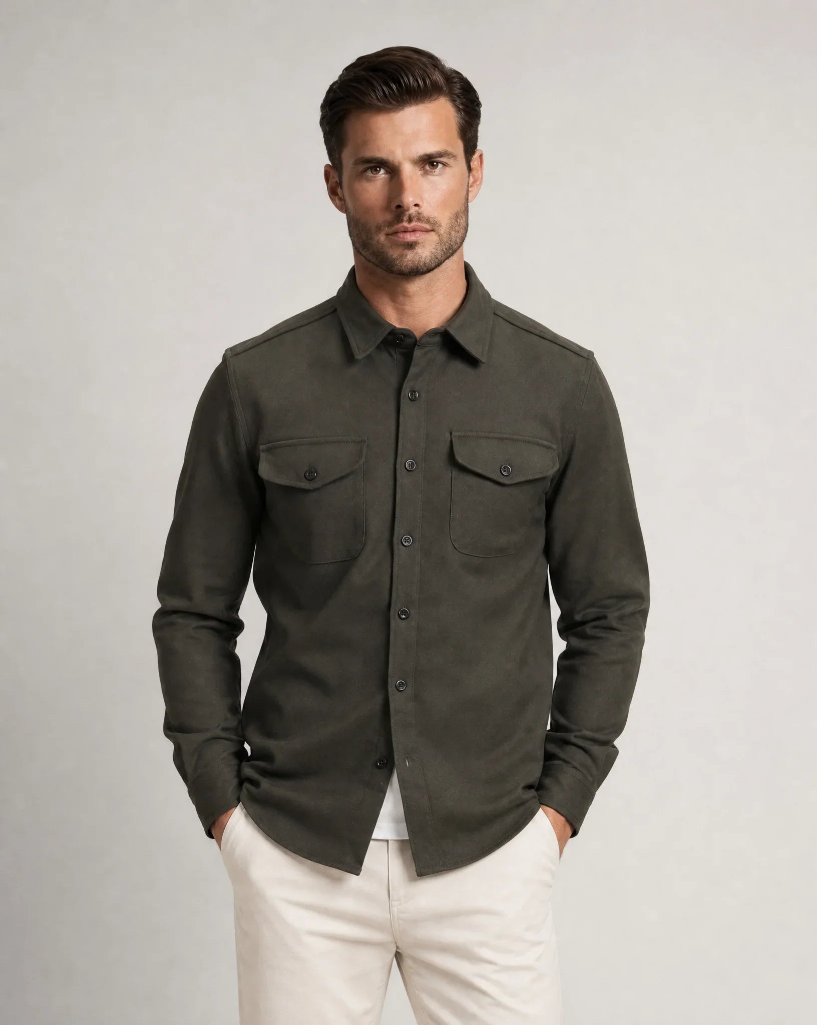 Men's green overshirt jacket with chest pockets, button-up front and lightweight utility style for spring and autumn by ILYNORA