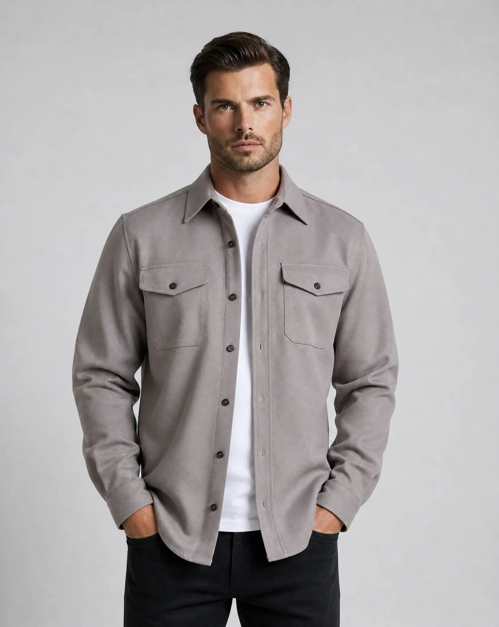 Men's grey overshirt jacket with button front, utility chest pockets and lightweight layering design for everyday wear by ILYNORA
