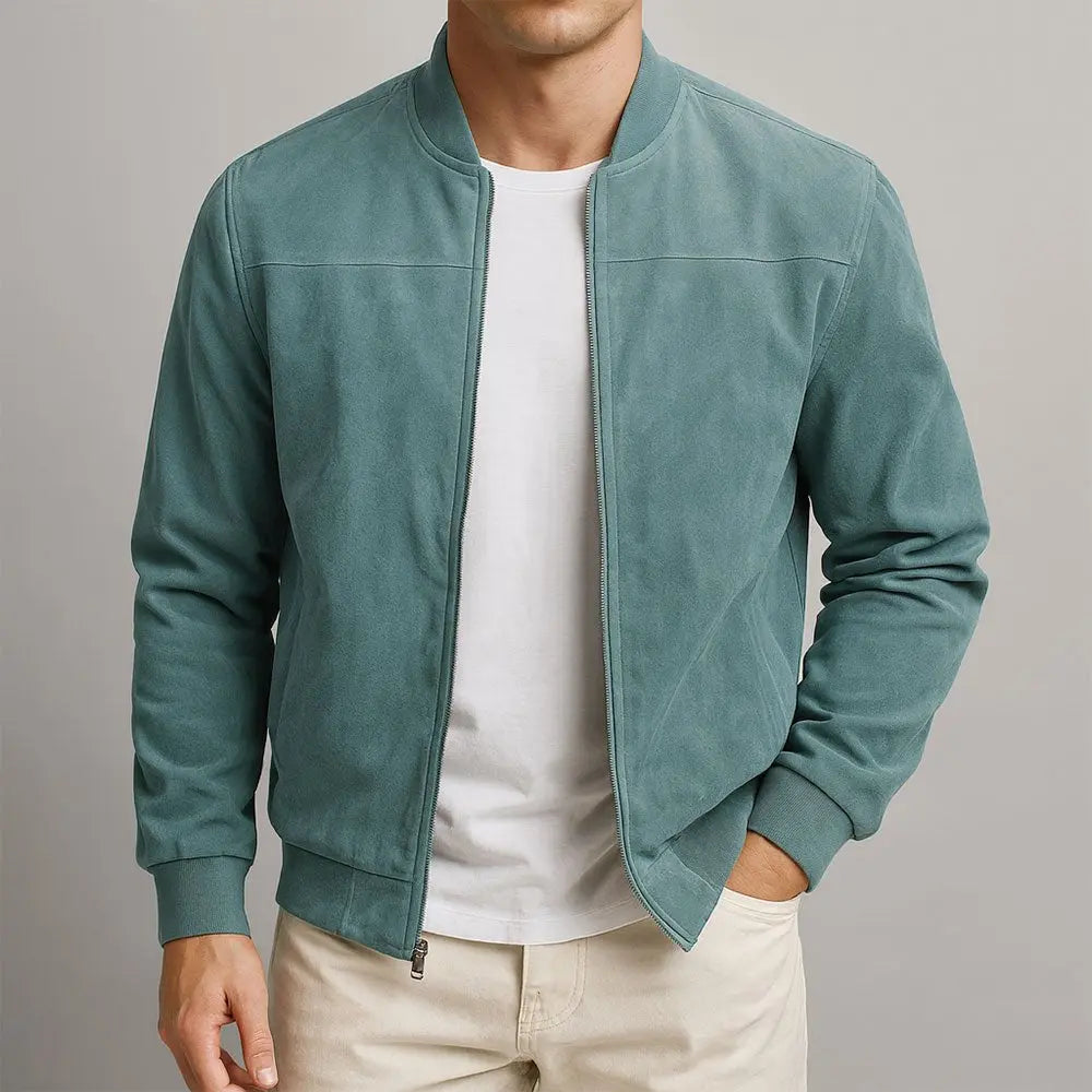 Men's Suede Bomber Jacket Minimalist Urban - Blau