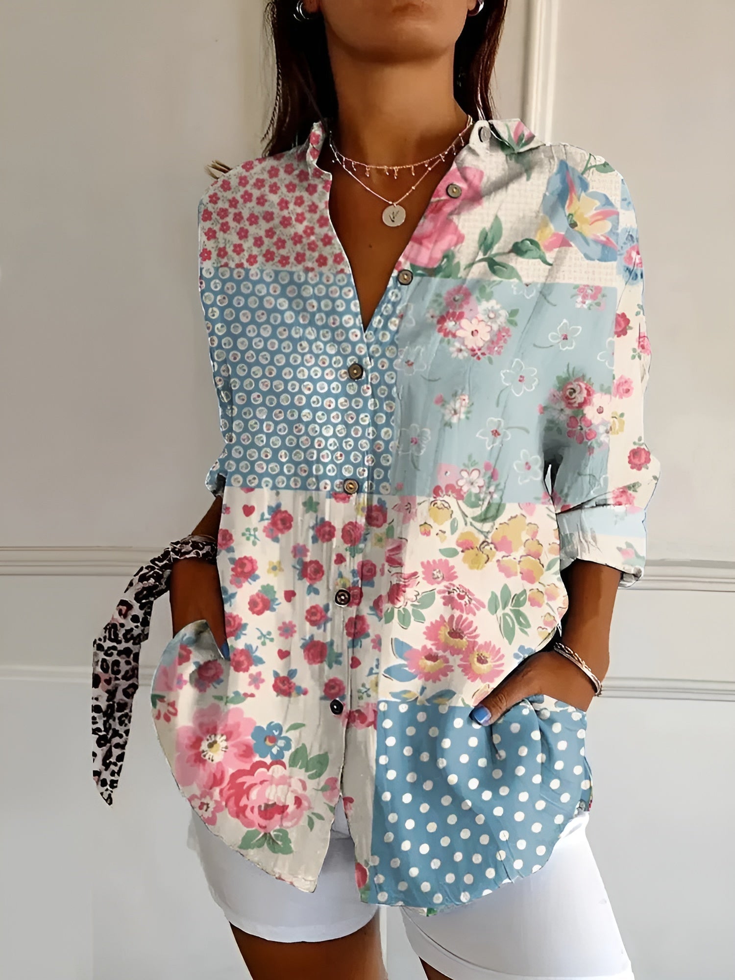 Women's Blouse Abstract Print Split Neck Long Sleeve Casual Top