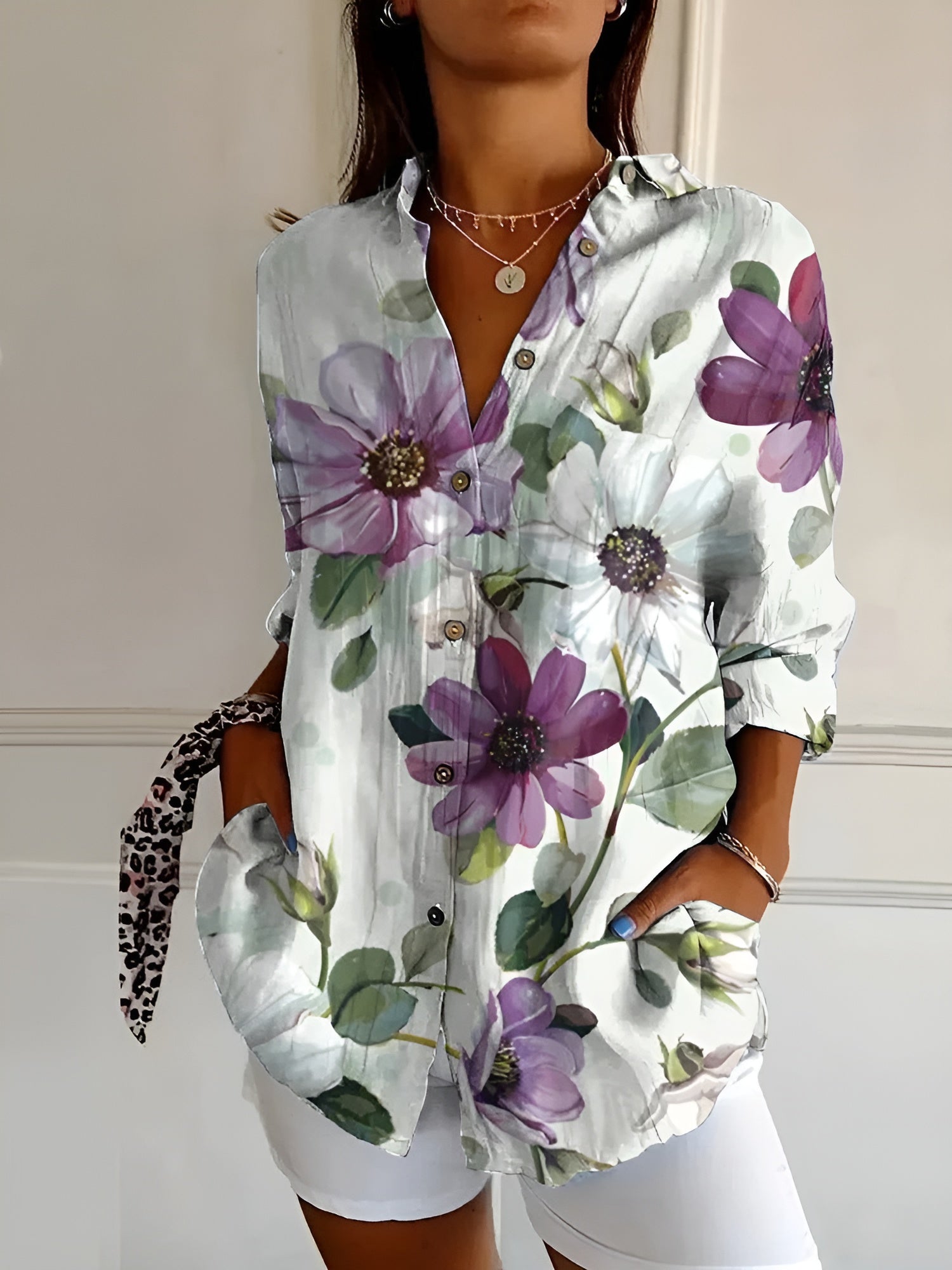 Women's Blouse Abstract Print Split Neck Long Sleeve Casual Top
