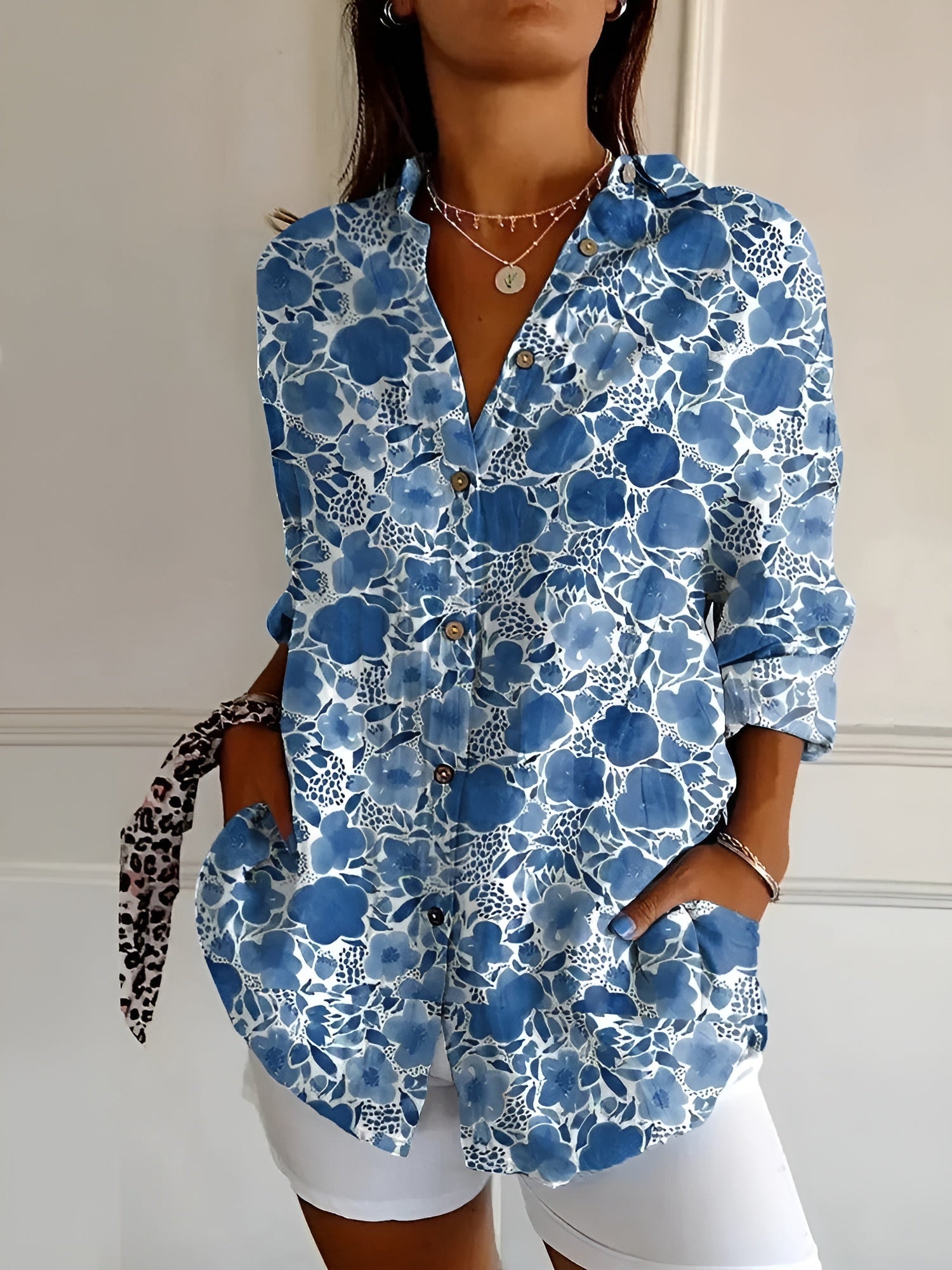 Women's Blouse Abstract Print Split Neck Long Sleeve Casual Top