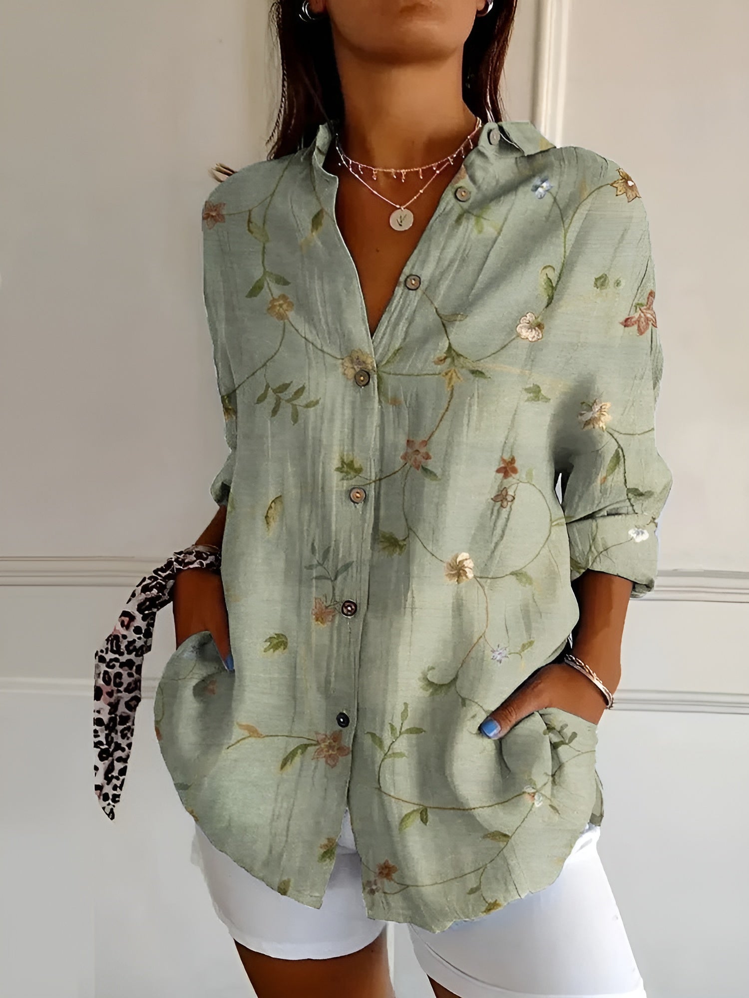 Women's Blouse Abstract Print Split Neck Long Sleeve Casual Top