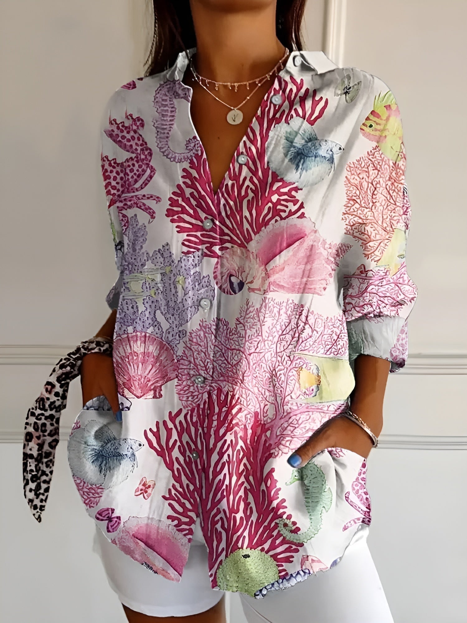Women's Blouse Abstract Print Split Neck Long Sleeve Casual Top