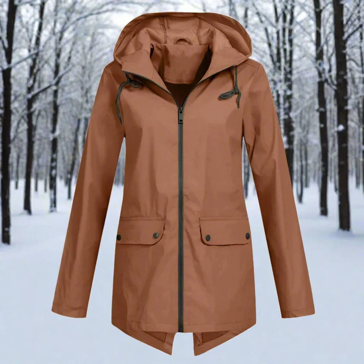 Women's waterproof hooded rain jacket zip-up longline in Coffee